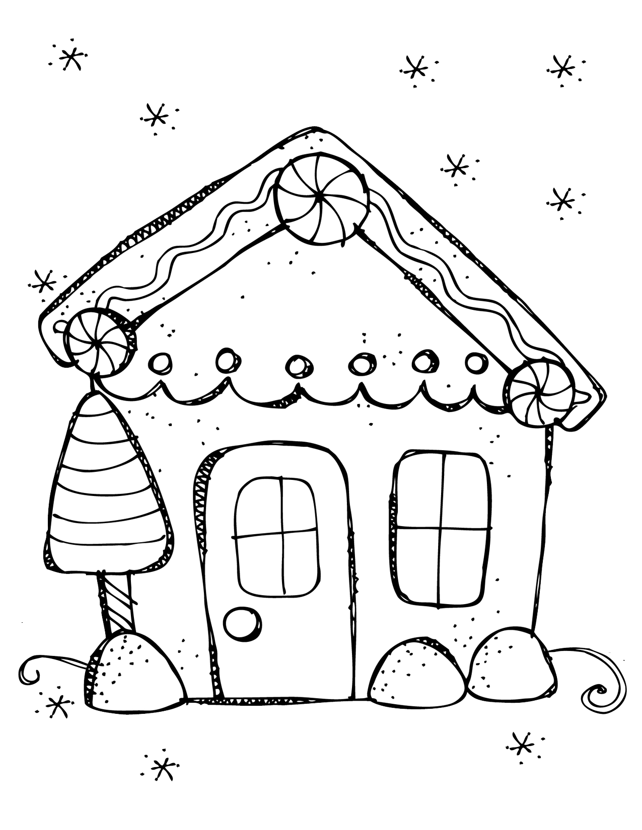 A Drawing Of A Gingerbread House With Candy Canes On It S Roof