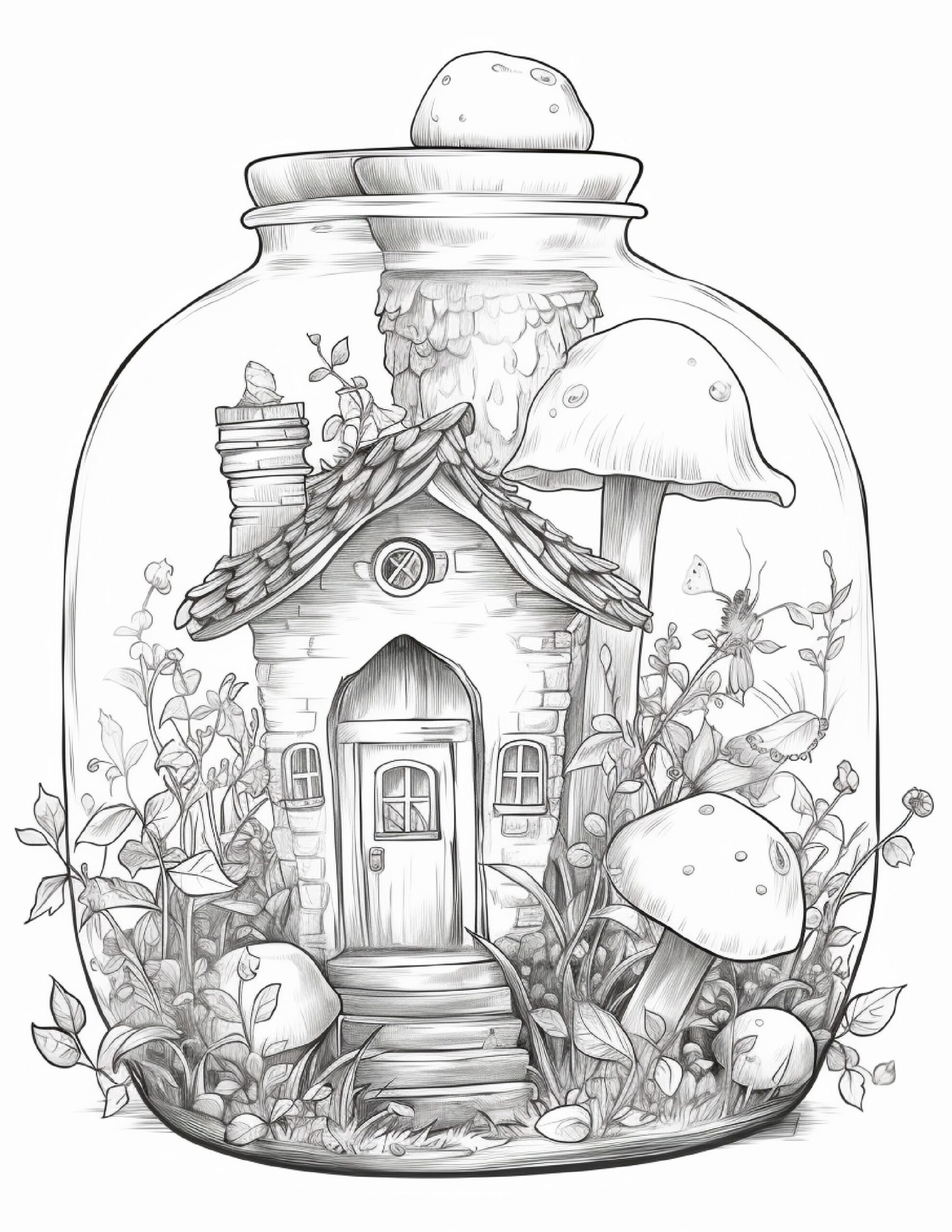A Drawing Of A Jar With A House In It And Mushrooms Growing Out Of It
