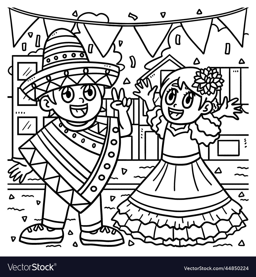 Children Celebrating Cinco De Mayo Coloring Page Vector Image