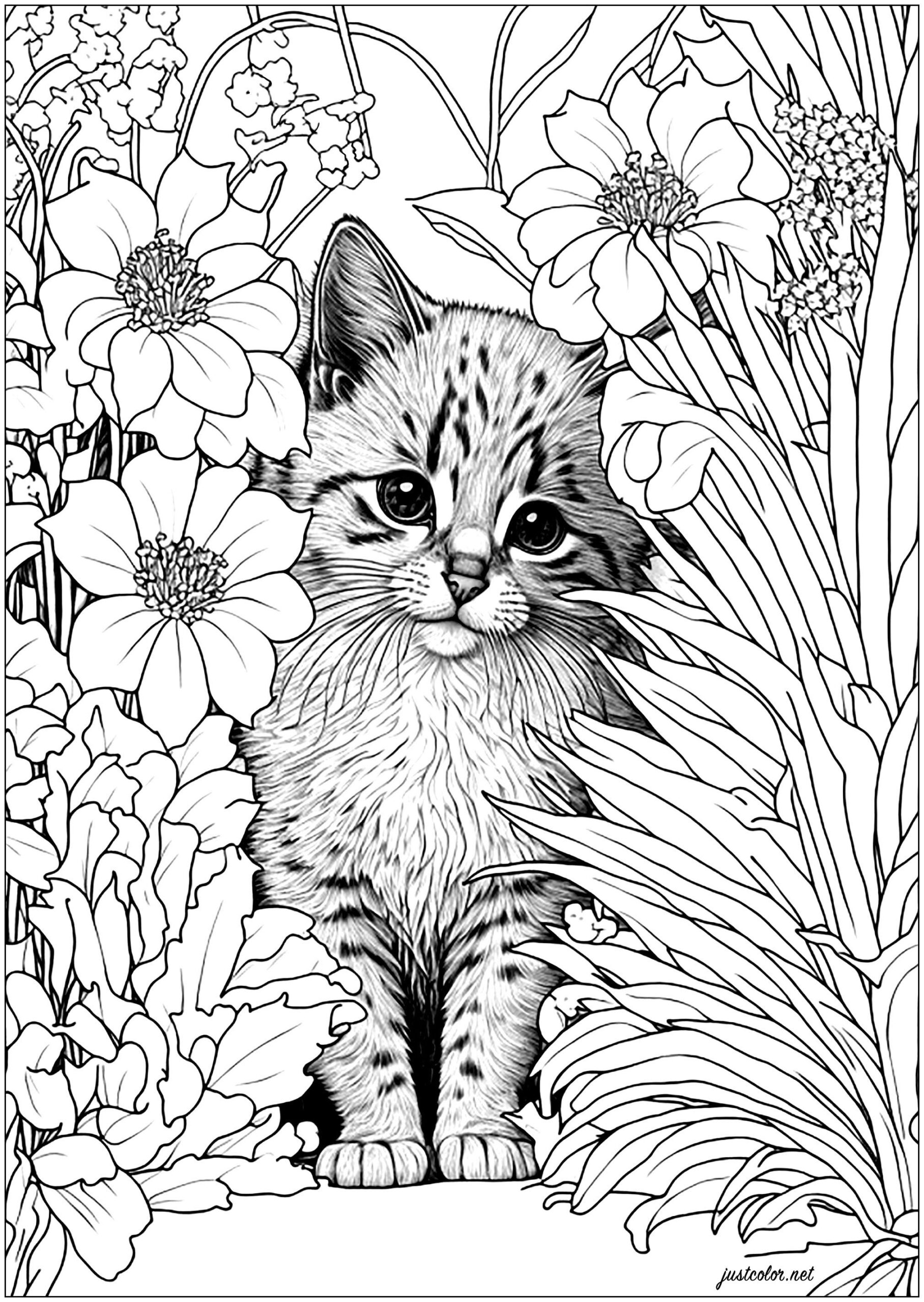 Cute Cat Behind Flowers 2 JustColor Free Adult Printable Cute Cat Behind Flowers 2 JustColor Free Adult Printable