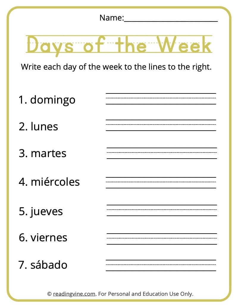 Days Of The Week In Spanish Printable Vrogue Co