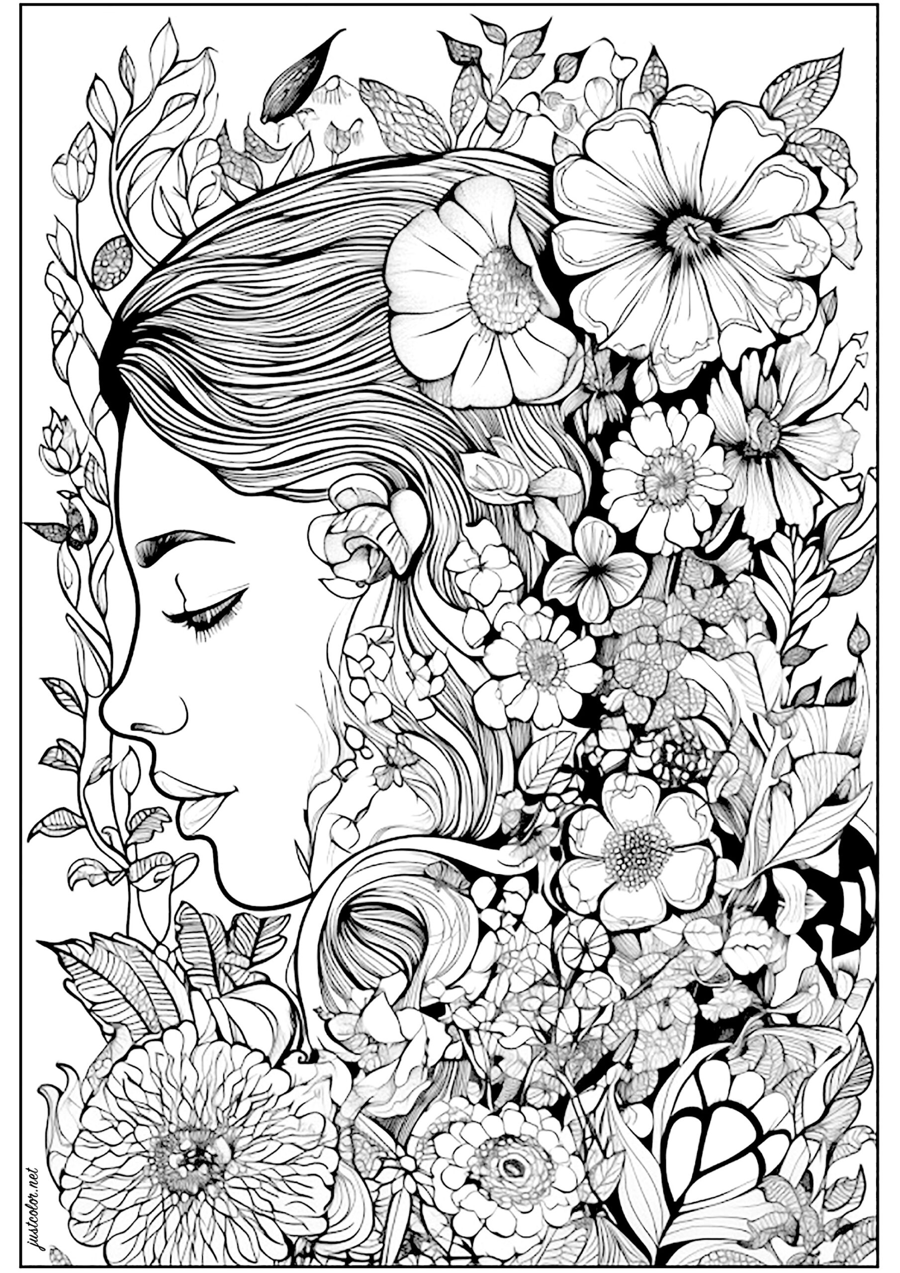 Face Of A Pensive Woman Surrounded By Flowers Flowers Adult Coloring Face Of A Pensive Woman Surrounded By Flowers Flowers Adult Coloring
