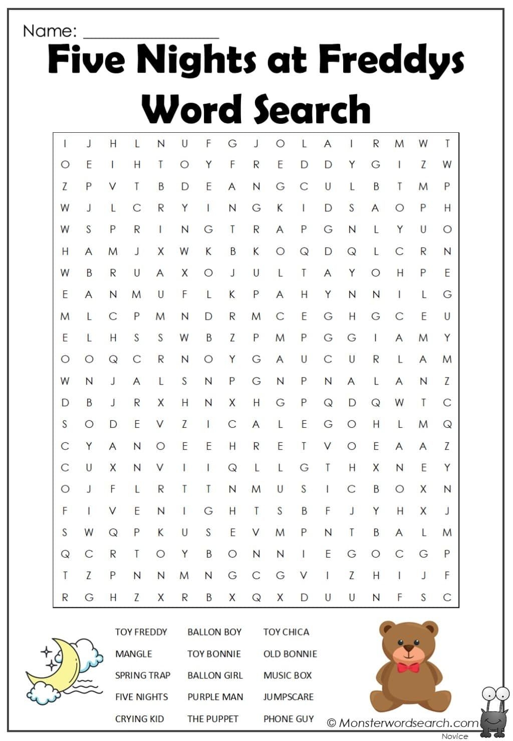 Five Nights At Freddys Word Search Monster Word Search Five Nights At Freddys Word Search Monster Word Search