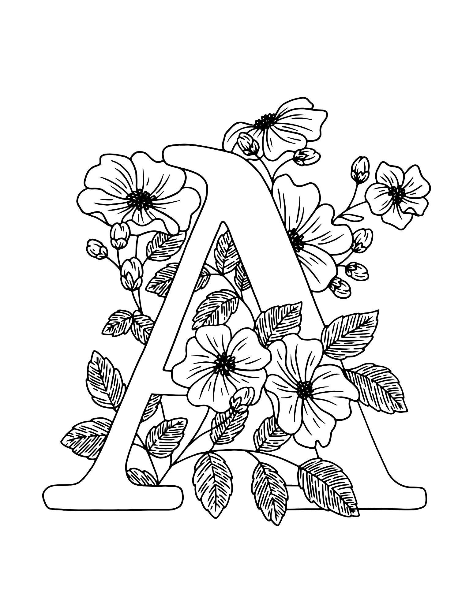 Floral Alphabet Coloring Set Etsy Alphabet Coloring Pages Coloring
