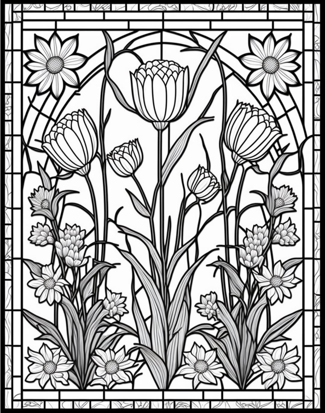 Flowers Stained Glass Window Printable Adult Coloring Page From