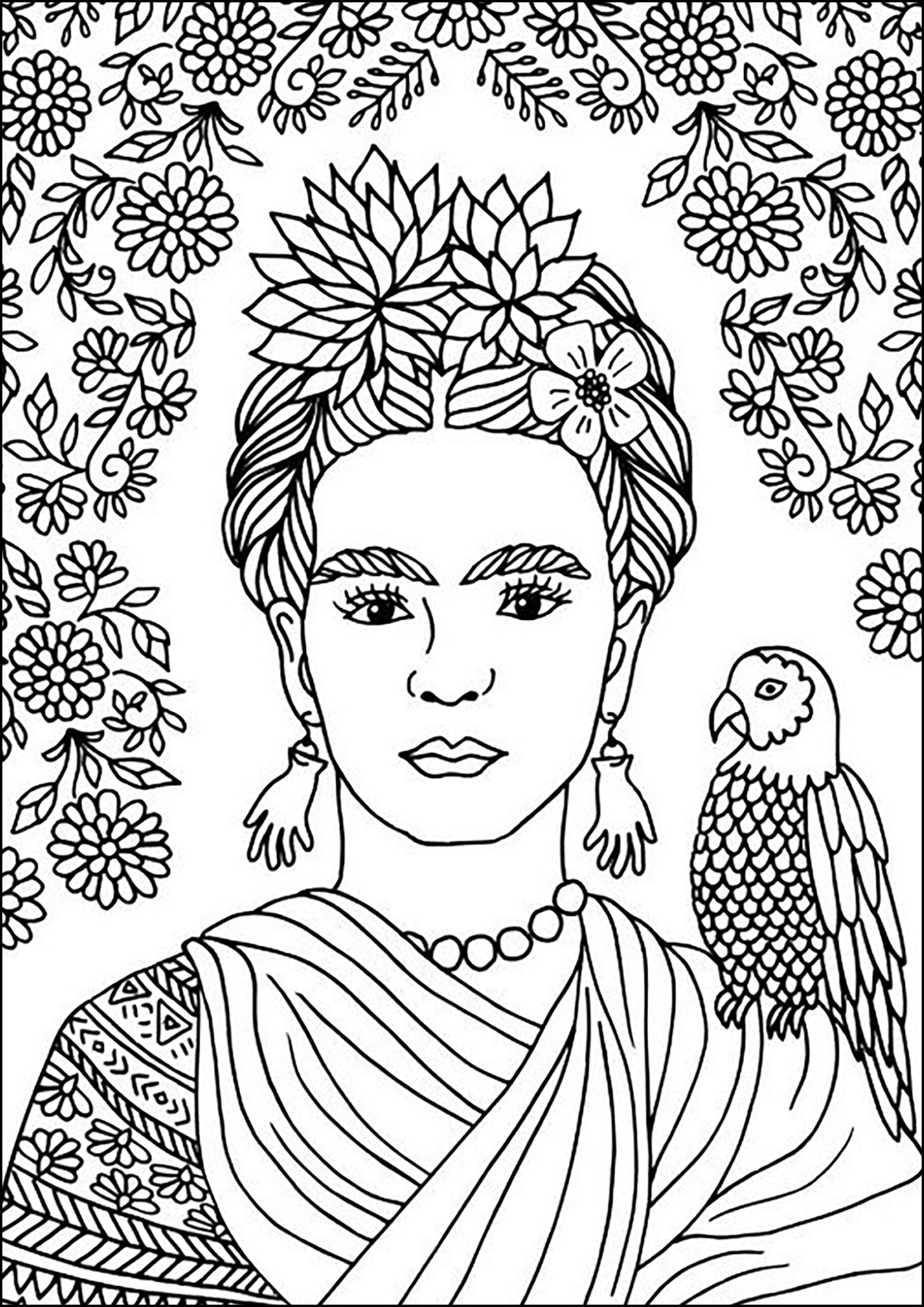 Frida Kahlo And A Parrot Masterpiece Coloring Pages For Adults Frida Kahlo And A Parrot Masterpiece Coloring Pages For Adults