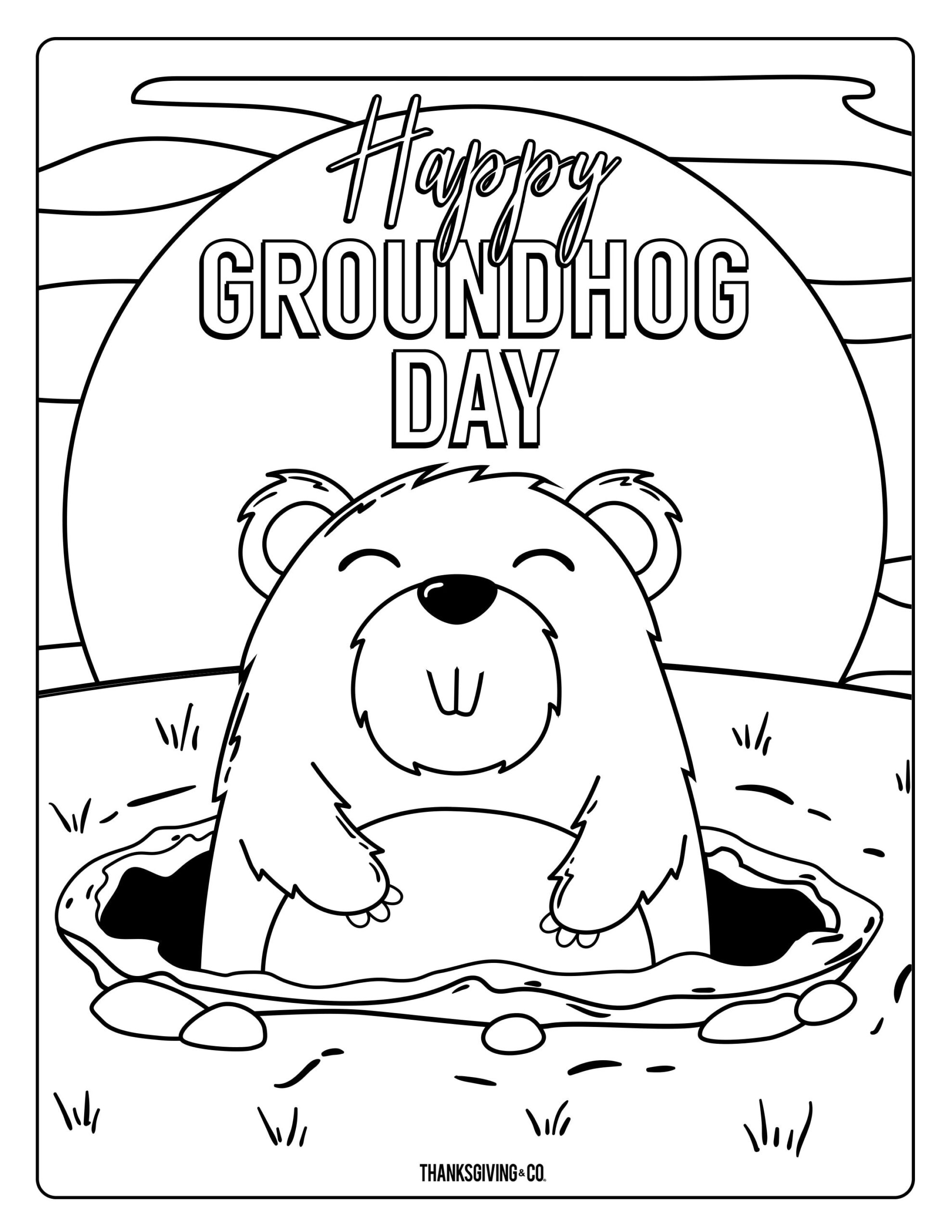Groundhog Day Coloring Page With A Bear In The Water And An Inscription