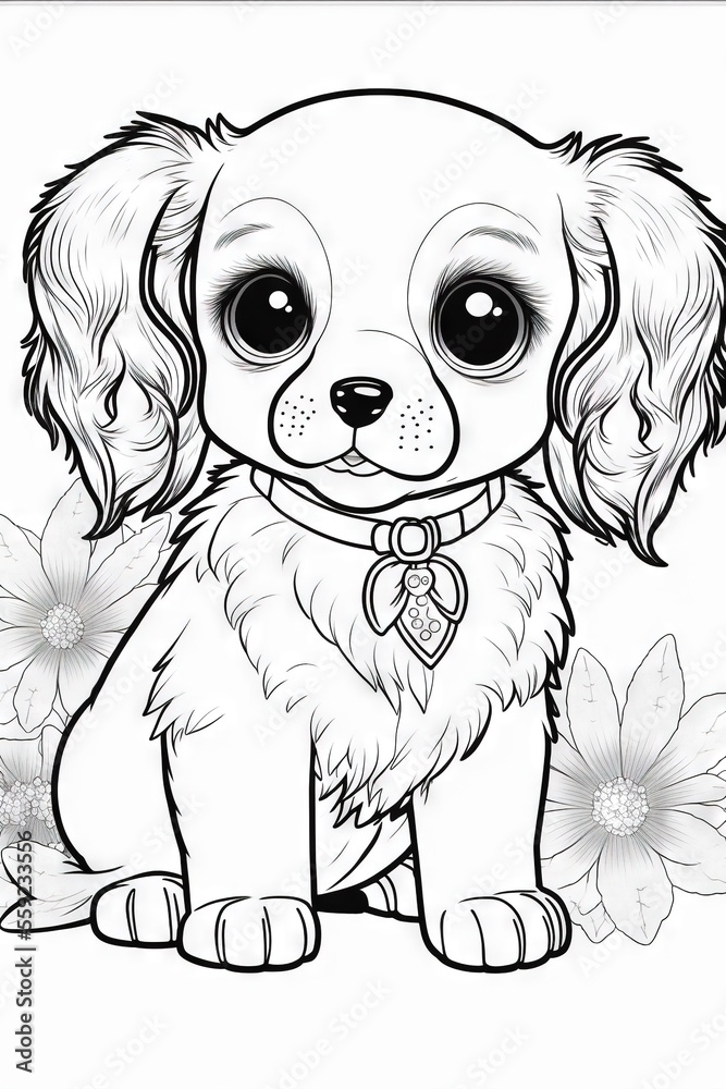 Illustrazione Stock A Puppy With Big Eyes Sitting On A Flower Coloring Illustrazione Stock A Puppy With Big Eyes Sitting On A Flower Coloring