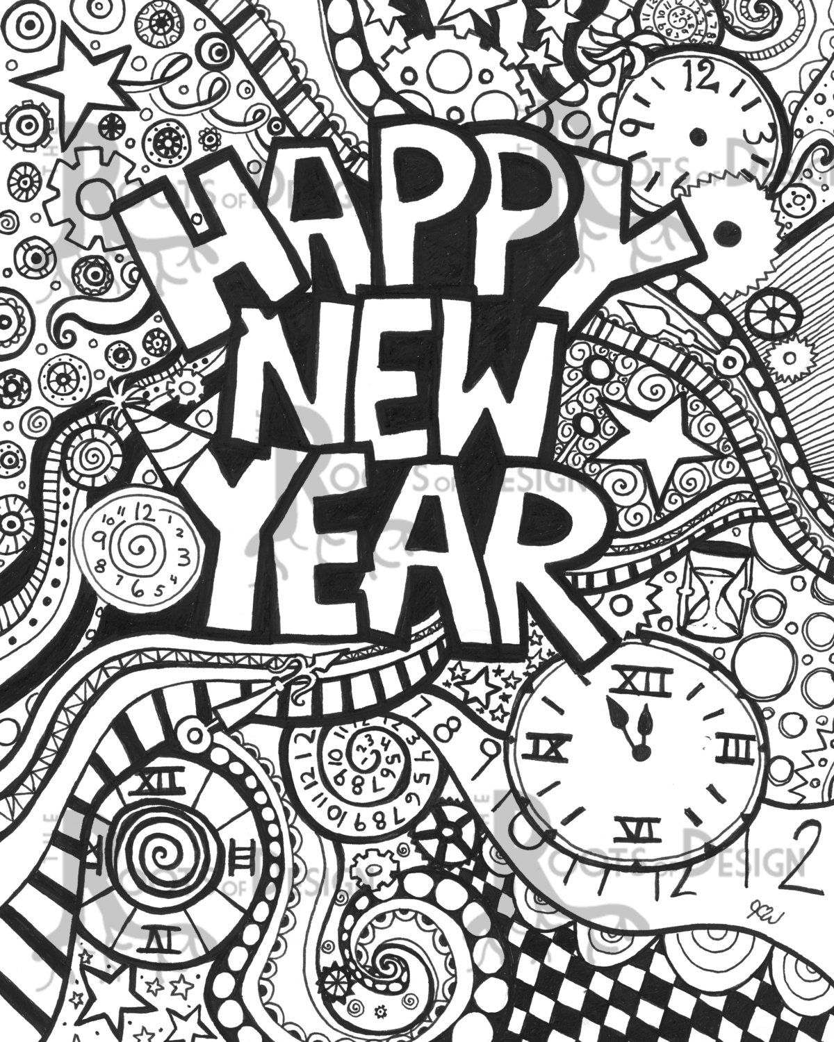INSTANT DOWNLOAD Coloring Page Happy New Year Art Print Zentangle INSTANT DOWNLOAD Coloring Page Happy New Year Art Print Zentangle