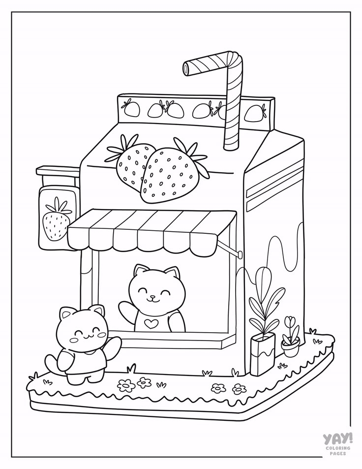 Kawaii Juice Box Cafe With Strawberries And Cats Chibi Coloring Pages Kawaii Juice Box Cafe With Strawberries And Cats Chibi Coloring Pages