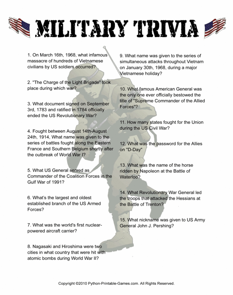 Military Trivia History Printable Game Veterans Day Printable Games
