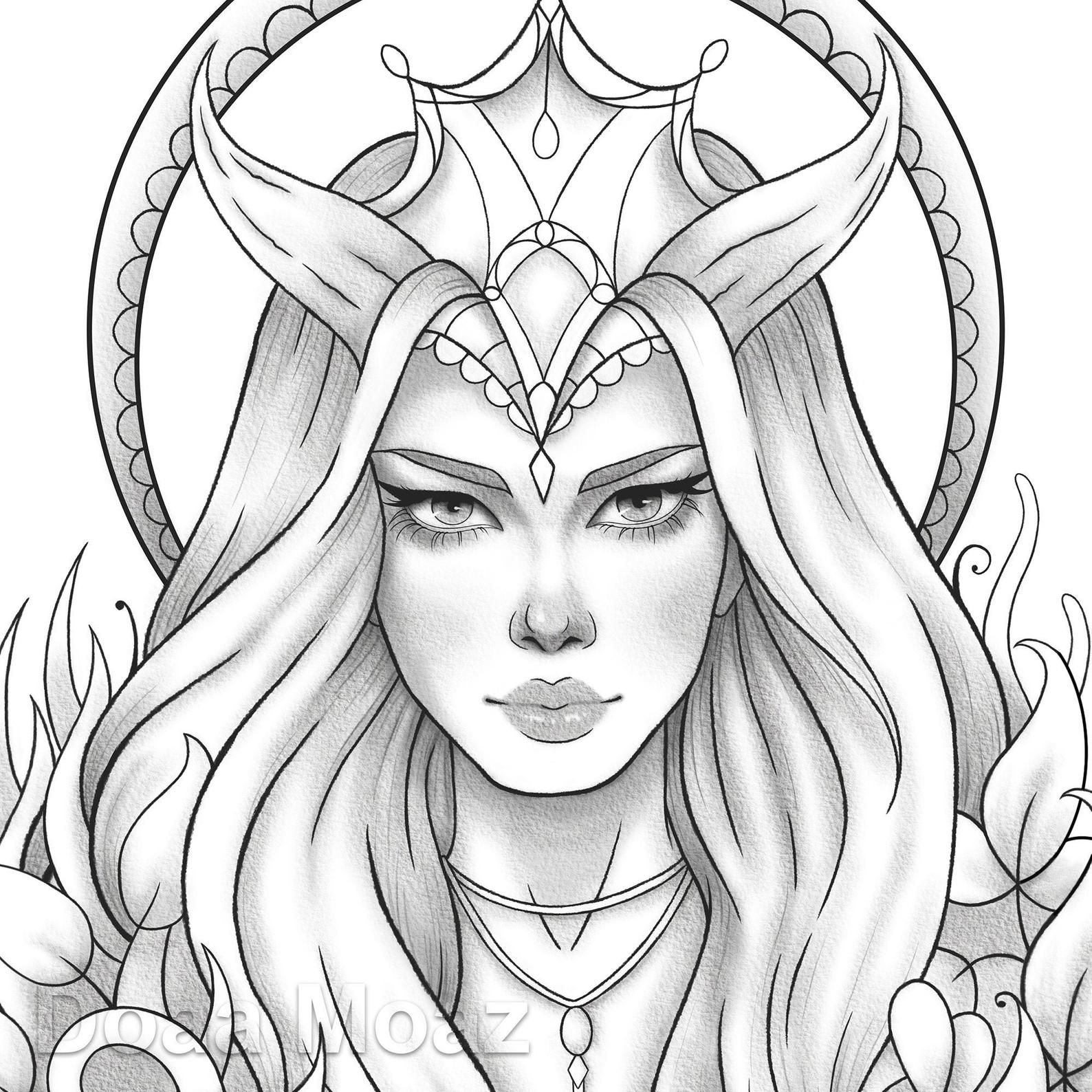 Printable Coloring Page Fantasy Girl Portrait Etsy Barbie Coloring